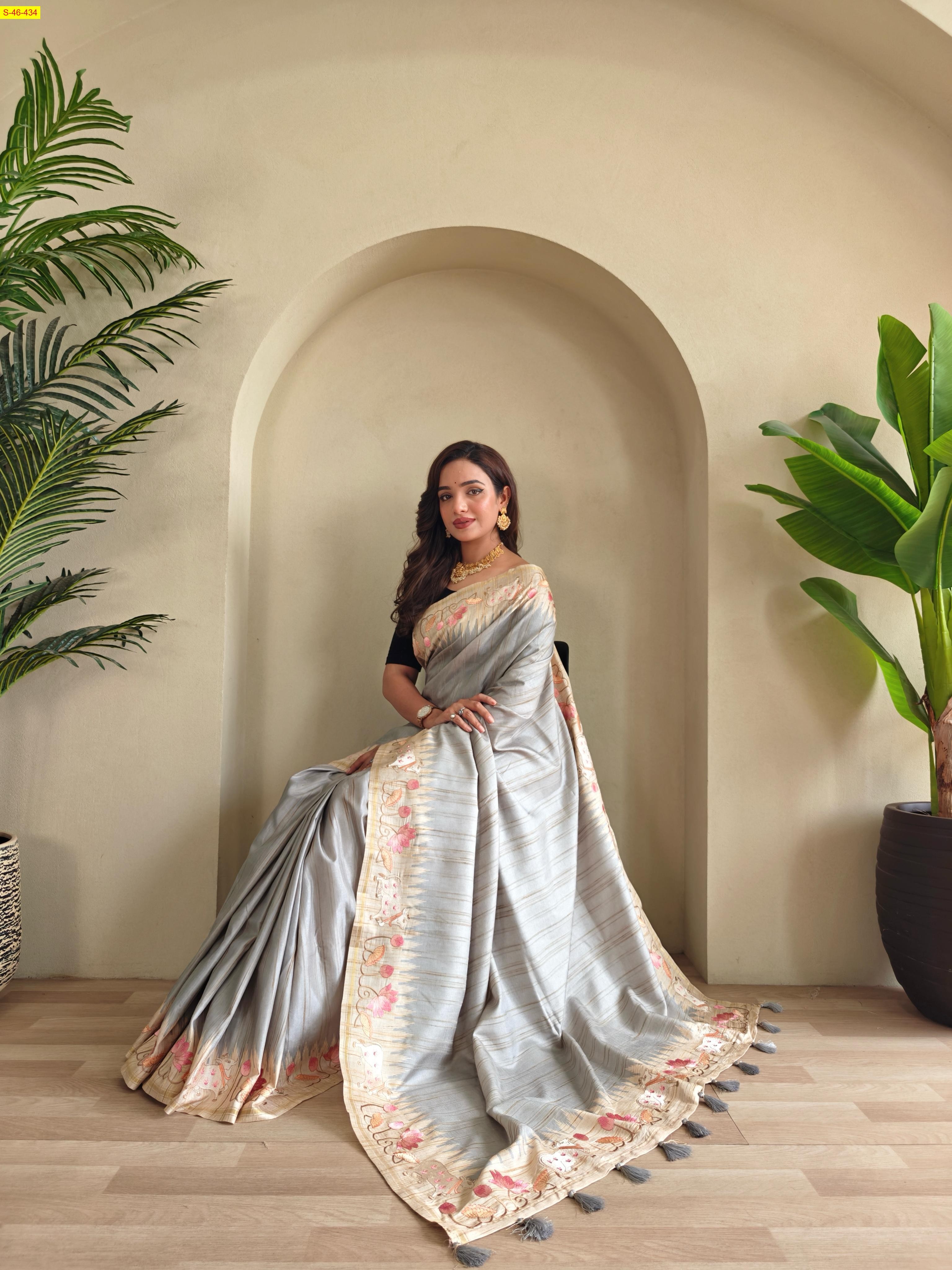 Grey Tussar silk embroidery sarees