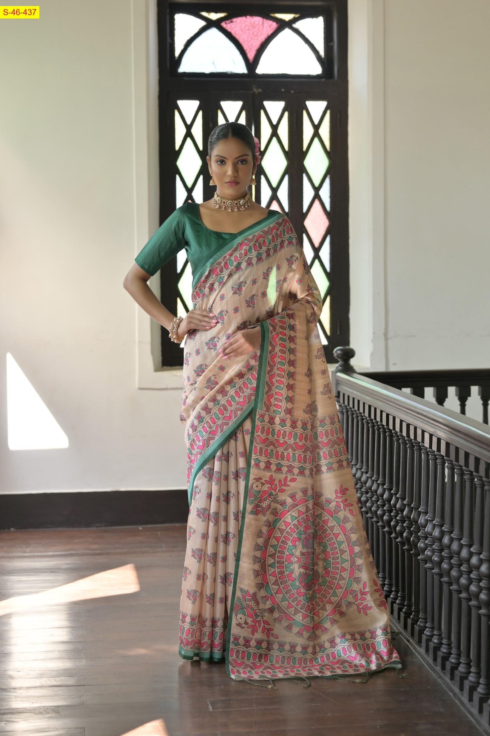 Green Tussar silk madhubani printed sarees 