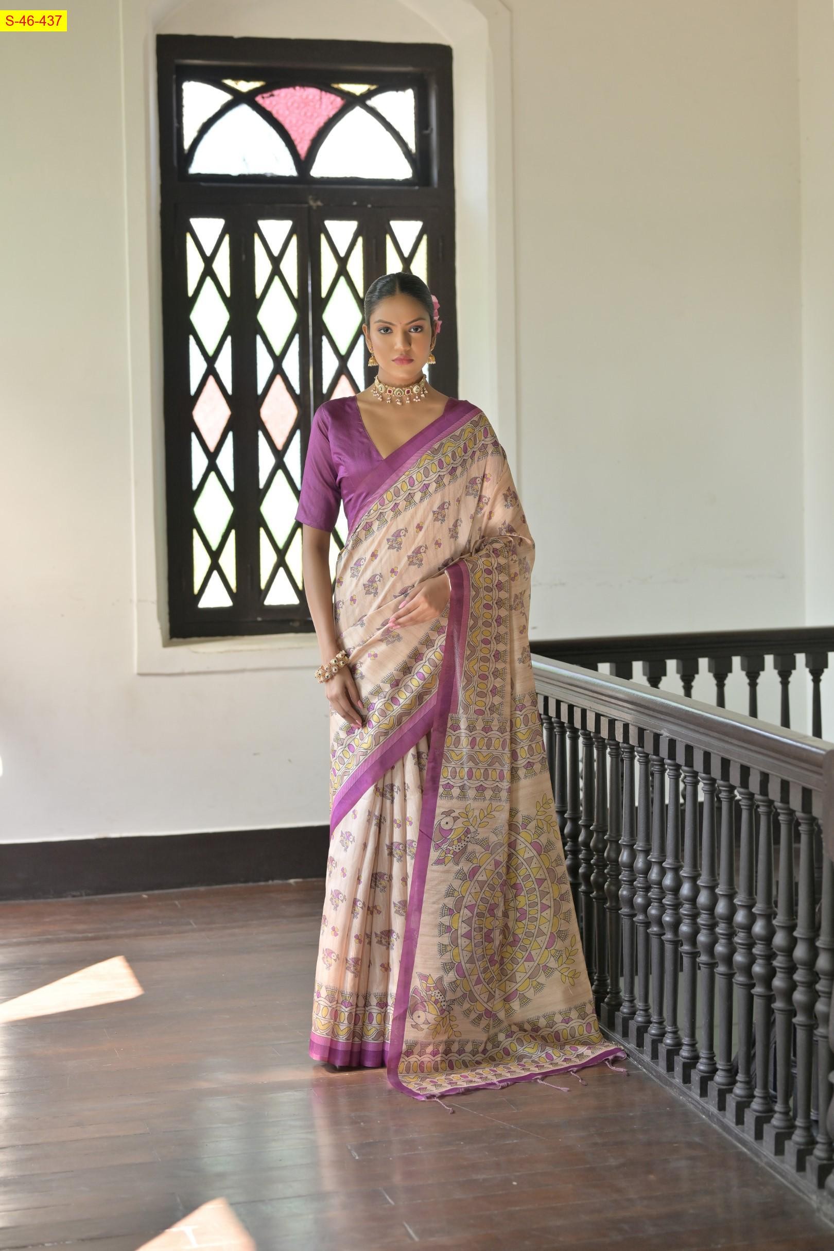 Pink Tussar silk madhubani printed sarees 