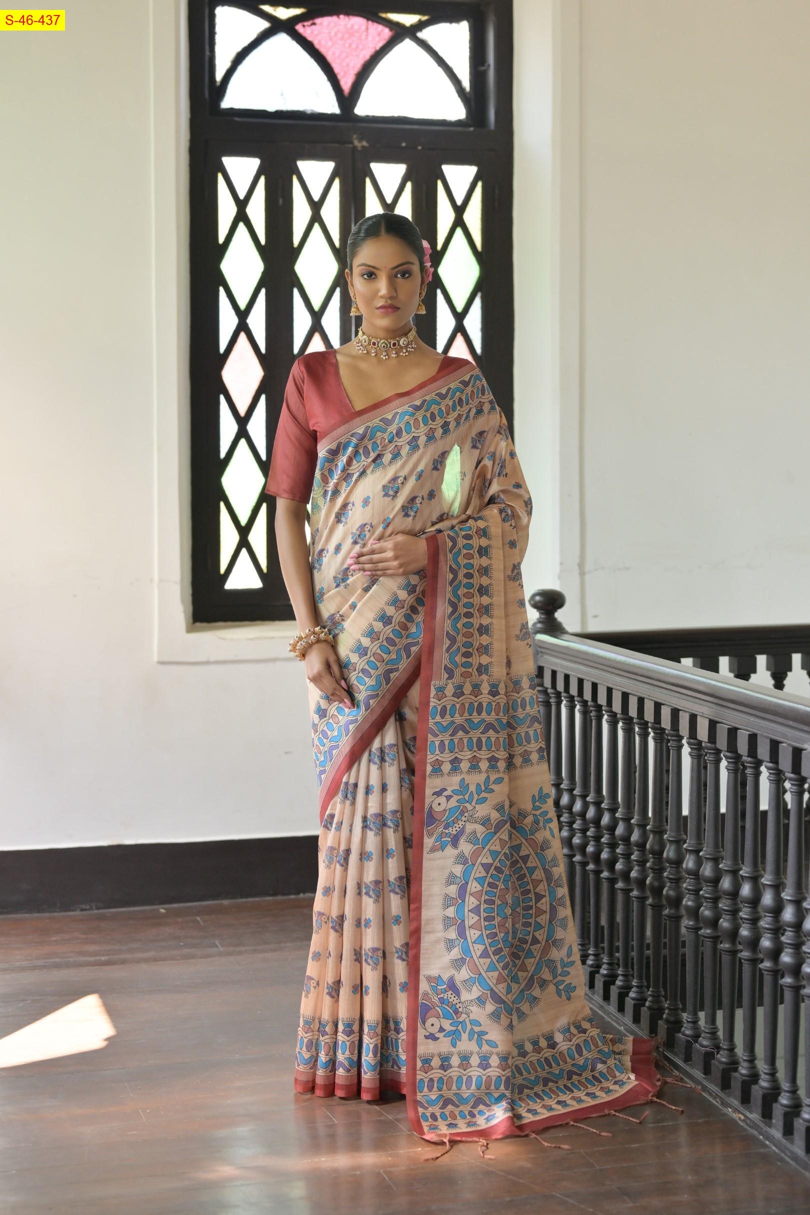 Brown Tussar silk madhubani printed sarees 