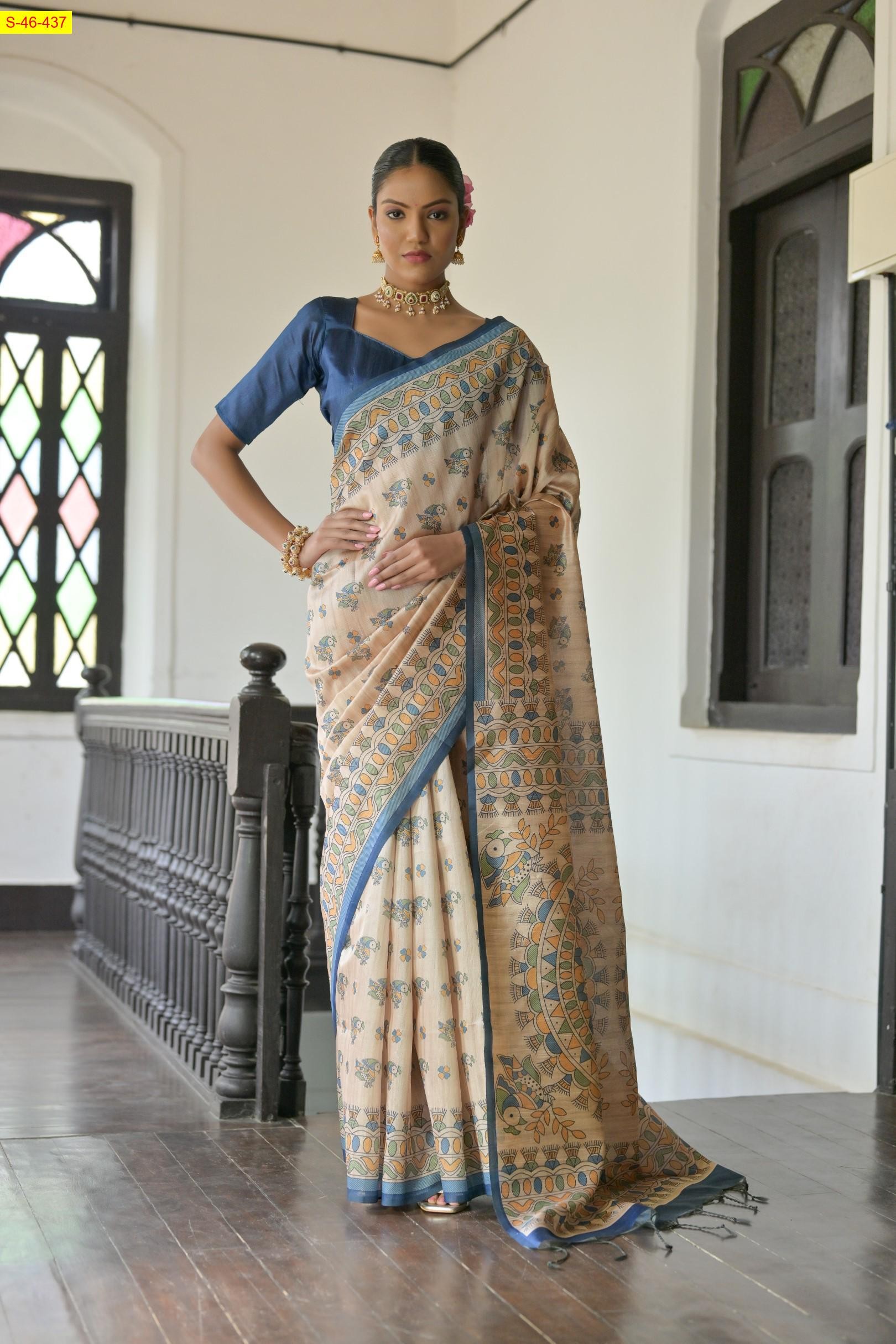 Blue Tussar silk madhubani printed sarees 