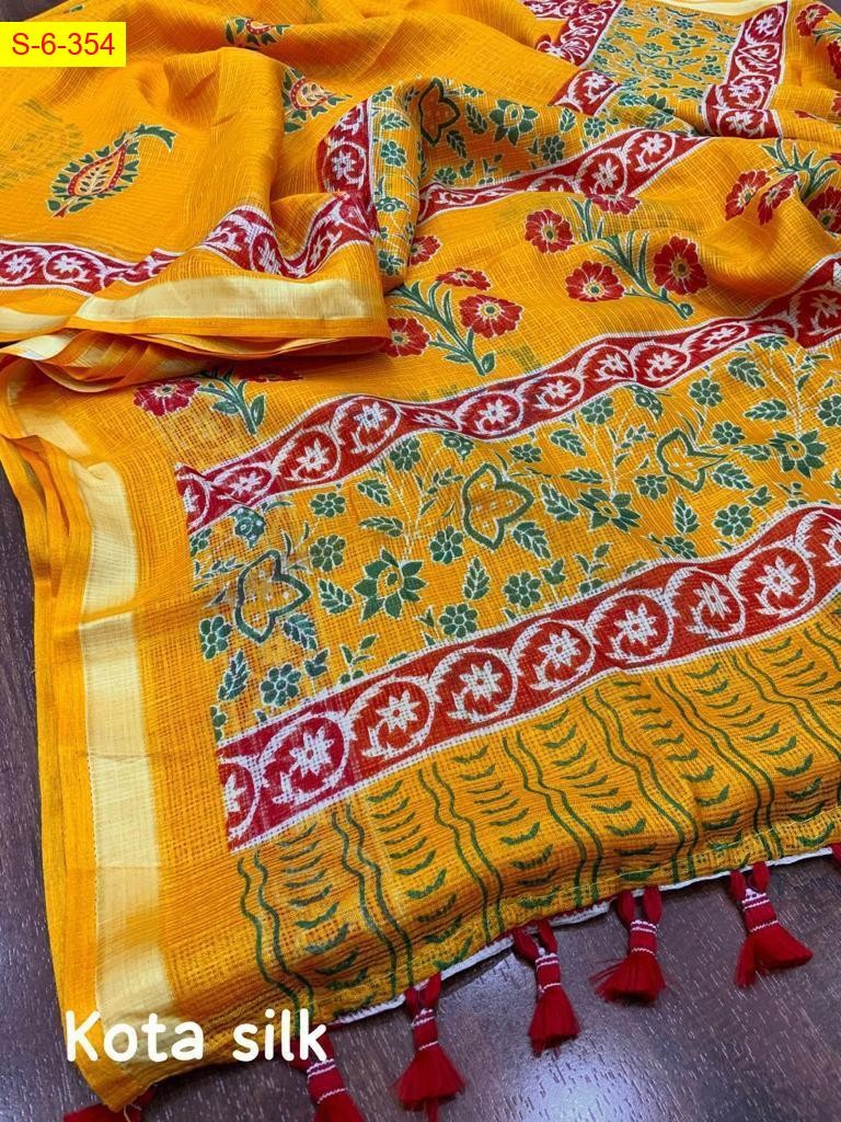 Orange Kota silk printed sarees 