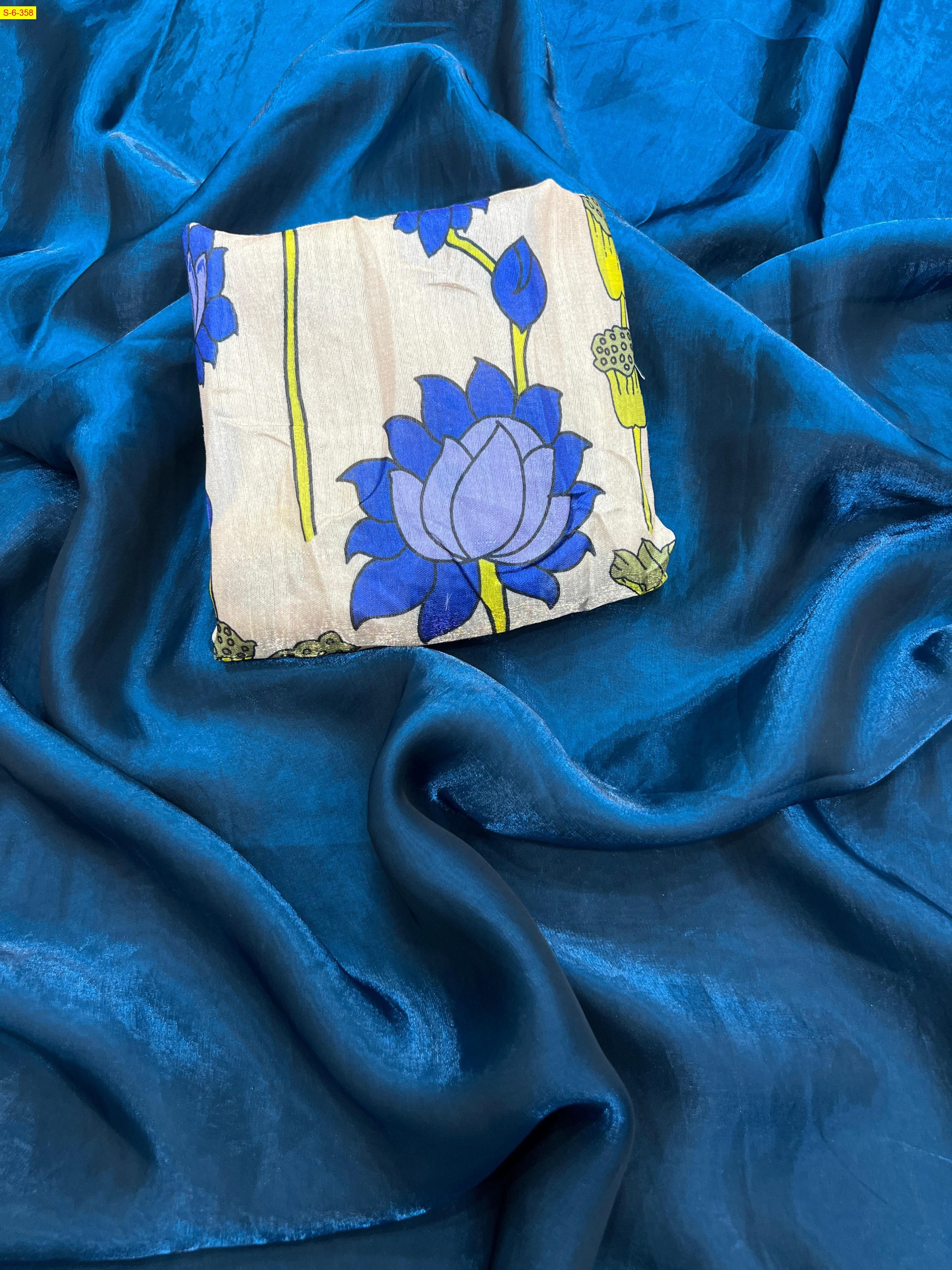 Blue Space soft silk sarees with printed blouse