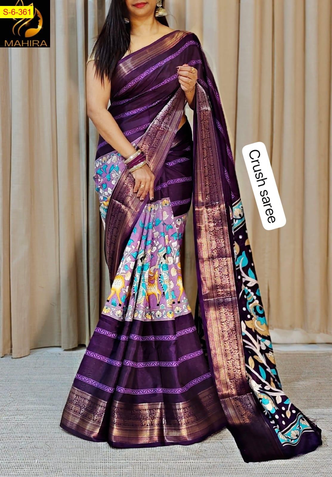 Violet Fancy viscose crush kalamkari printed sarees