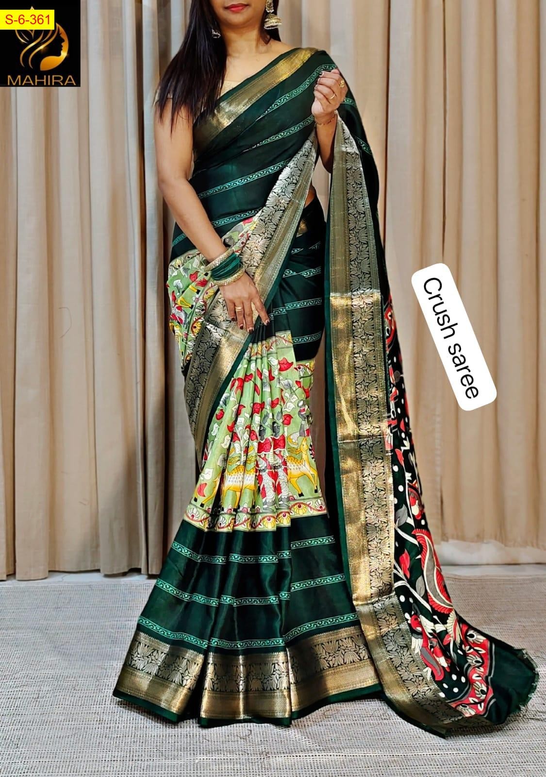 Green Fancy viscose crush kalamkari printed sarees