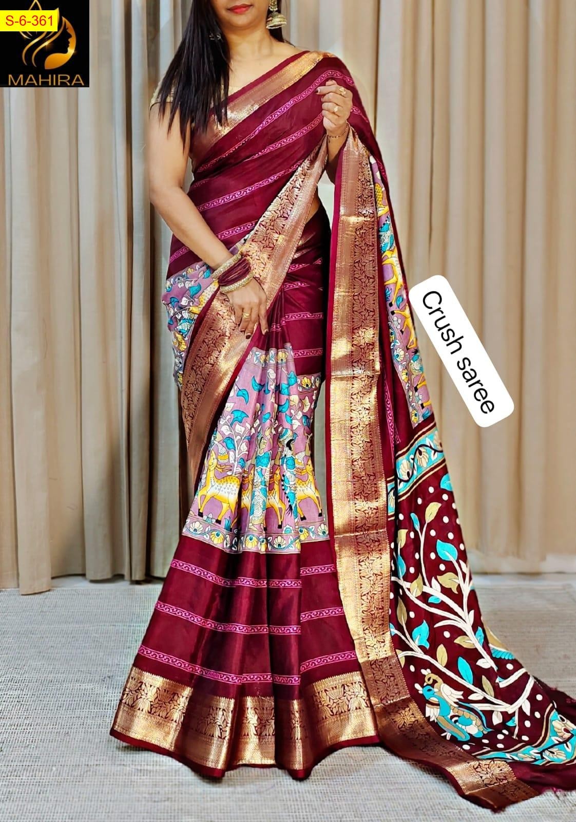 Wine Fancy viscose crush kalamkari printed sarees