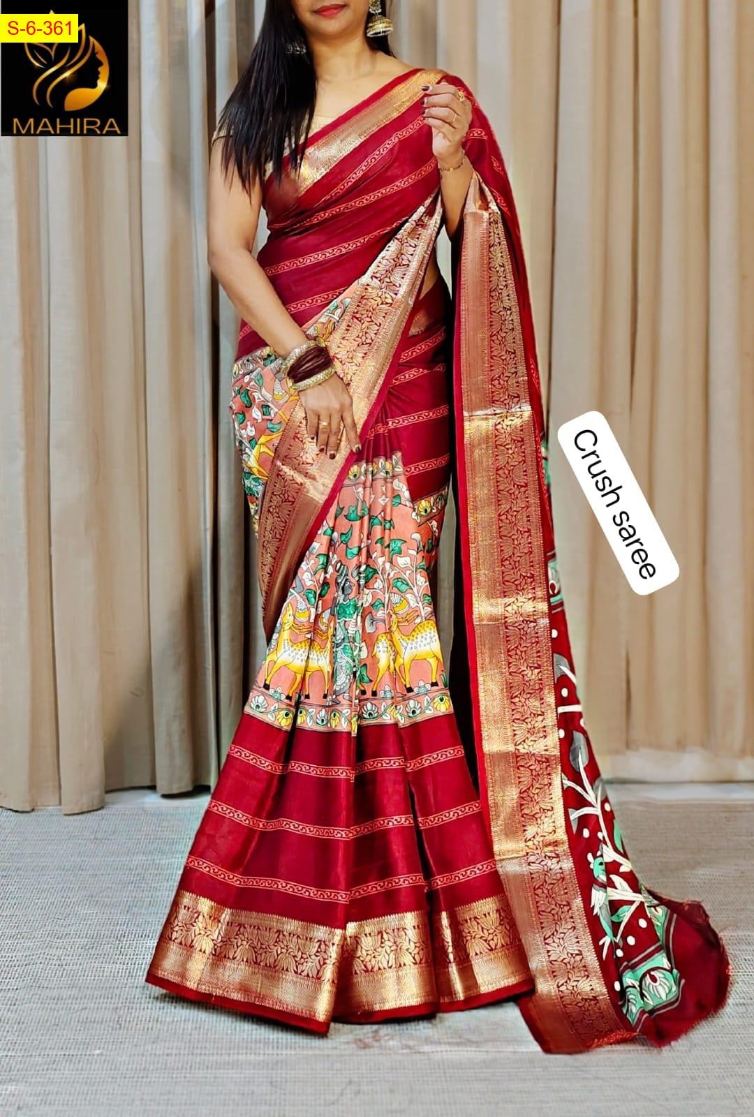 Red Fancy viscose crush kalamkari printed sarees