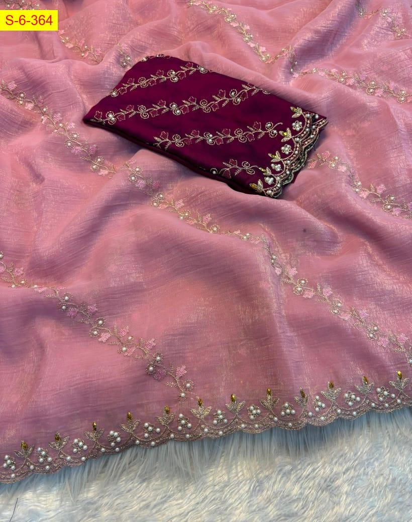 Light Pink Cruncy chiffon crush silk sarees