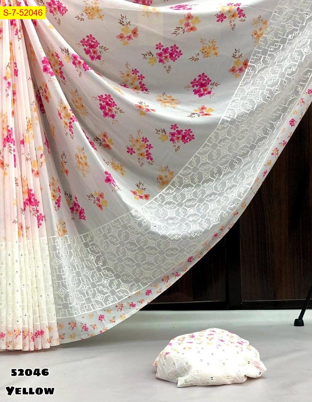Yellow Soft Chiffon floral digital print sarees 