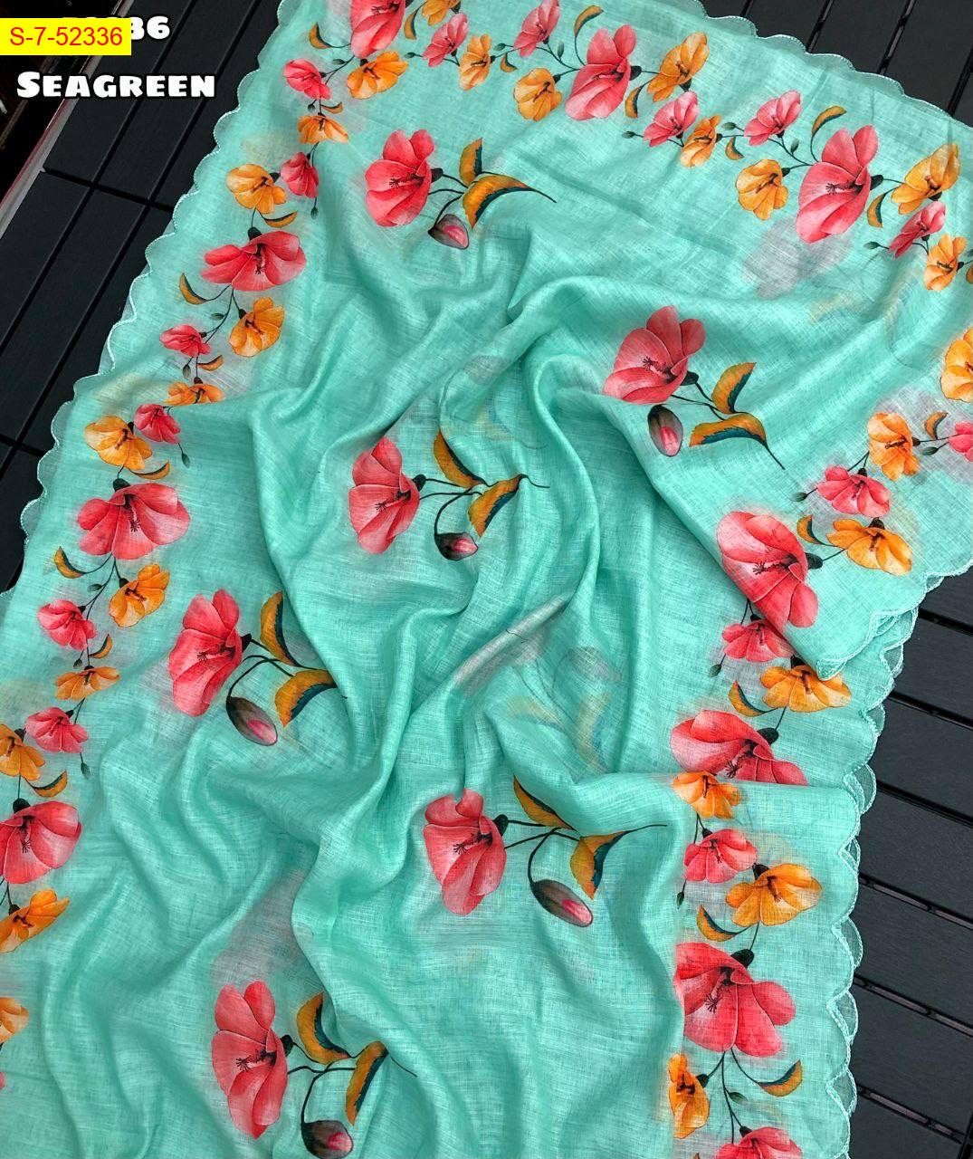SeaGreen Linen Digital printed Saree