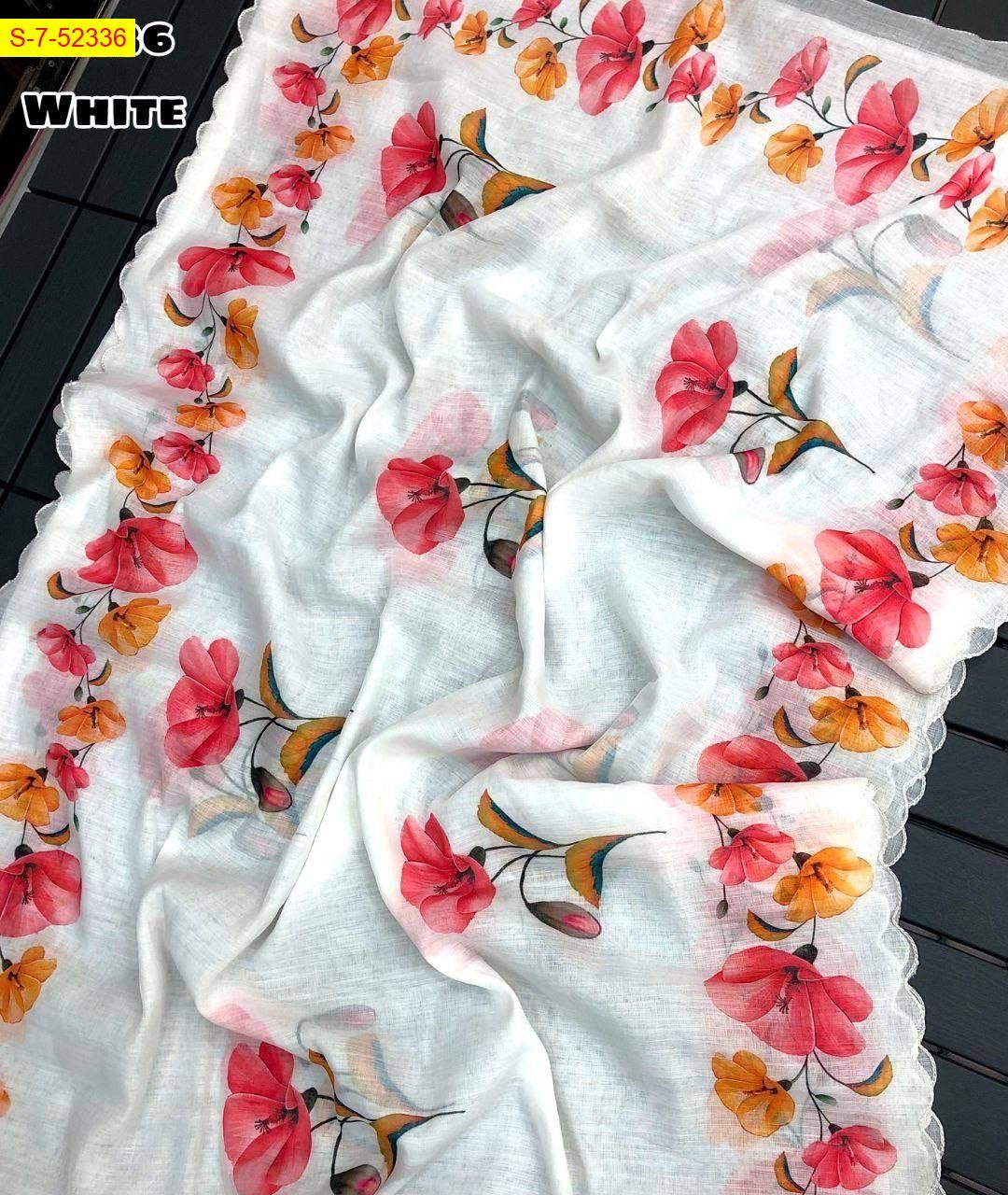 White Linen Digital printed Saree