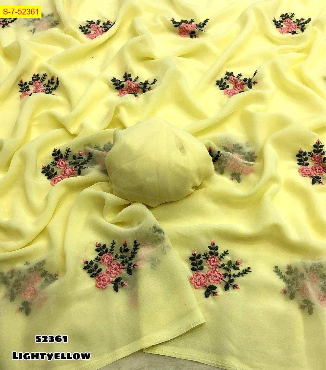 Light yellow Georgette with floral embroidery work sarees
