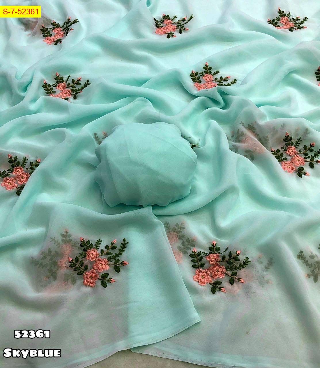 Sky blue Georgette with floral embroidery work sarees
