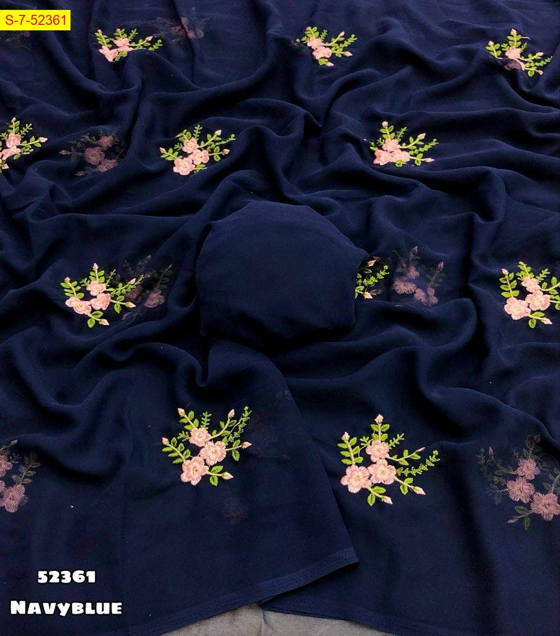 Navy blue Georgette with floral embroidery work sarees