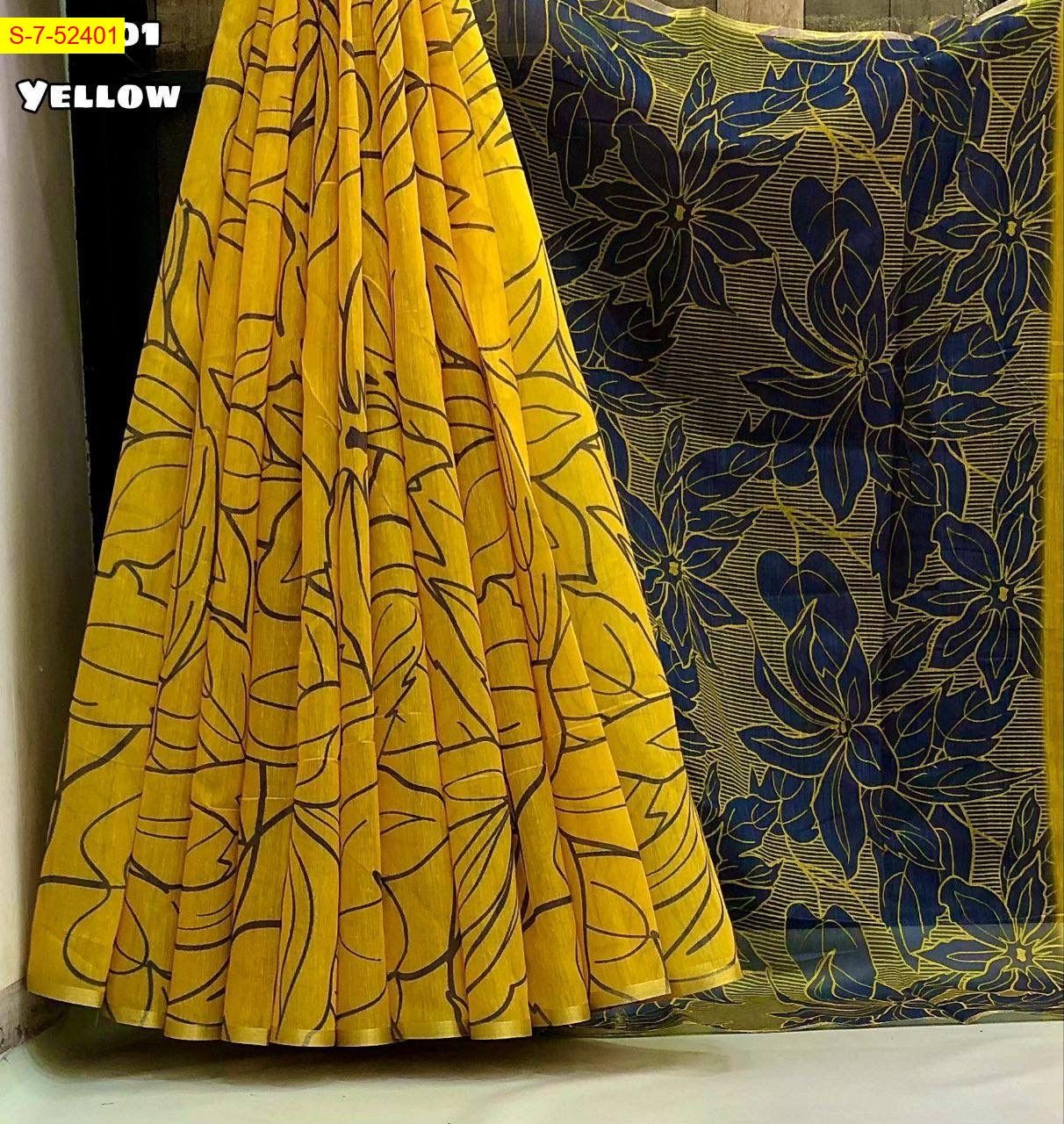 Yellow Fancy Soft chenderi floral digital print sarees
