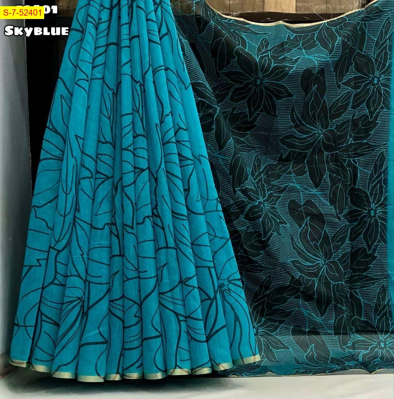Sky Blue Fancy Soft chenderi floral digital print sarees