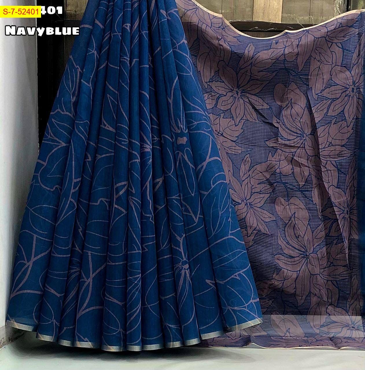 Navy Blue Fancy Soft chenderi floral digital print sarees