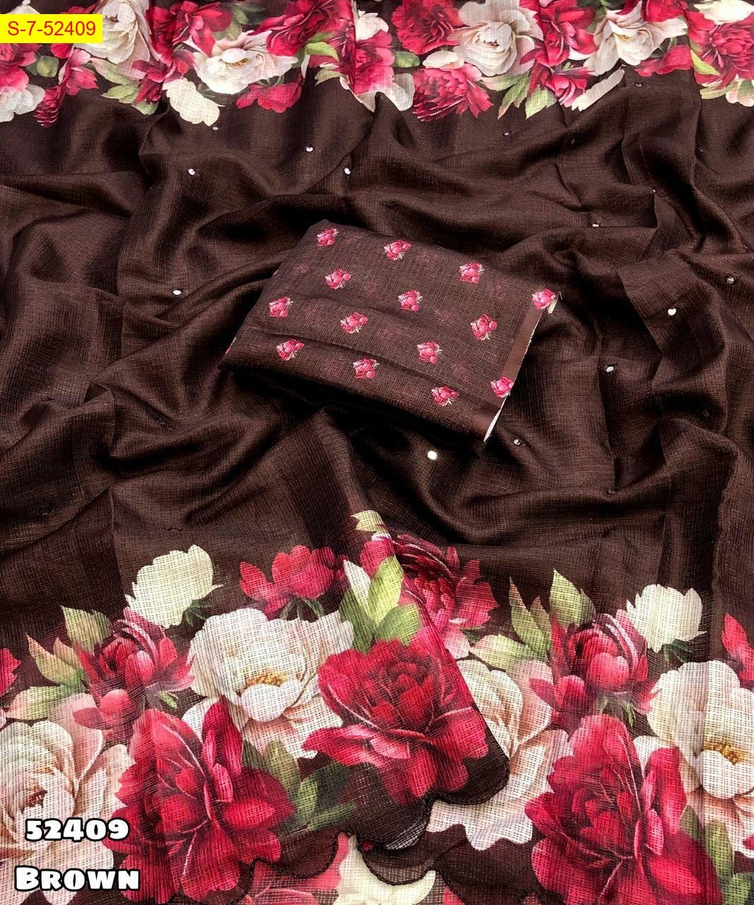 Brown Kota chex floral digital printed saree