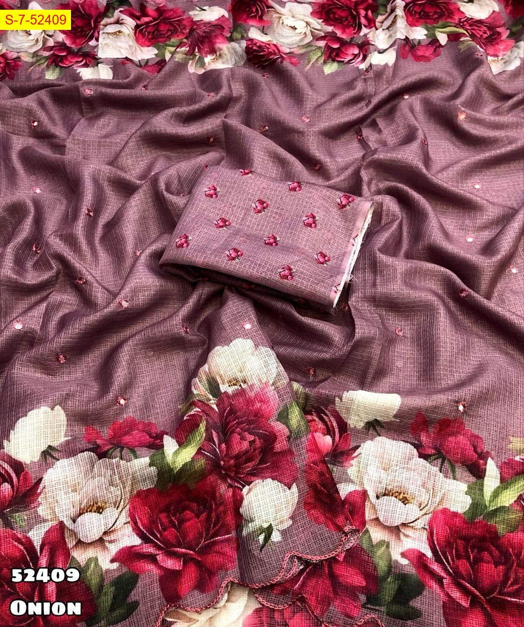 Onion Pink Kota chex floral digital printed saree