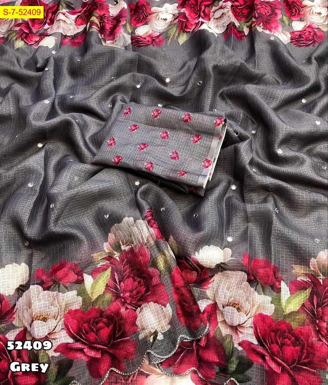 Grey Kota chex floral digital printed saree