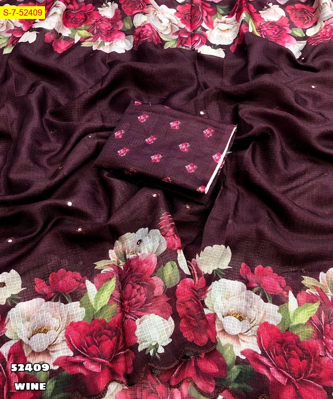 Wine Kota chex floral digital printed saree