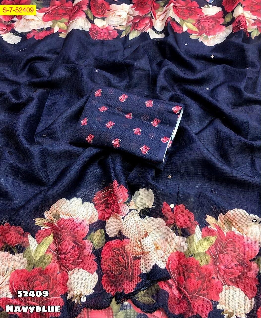 Navy Blue Kota chex floral digital printed saree