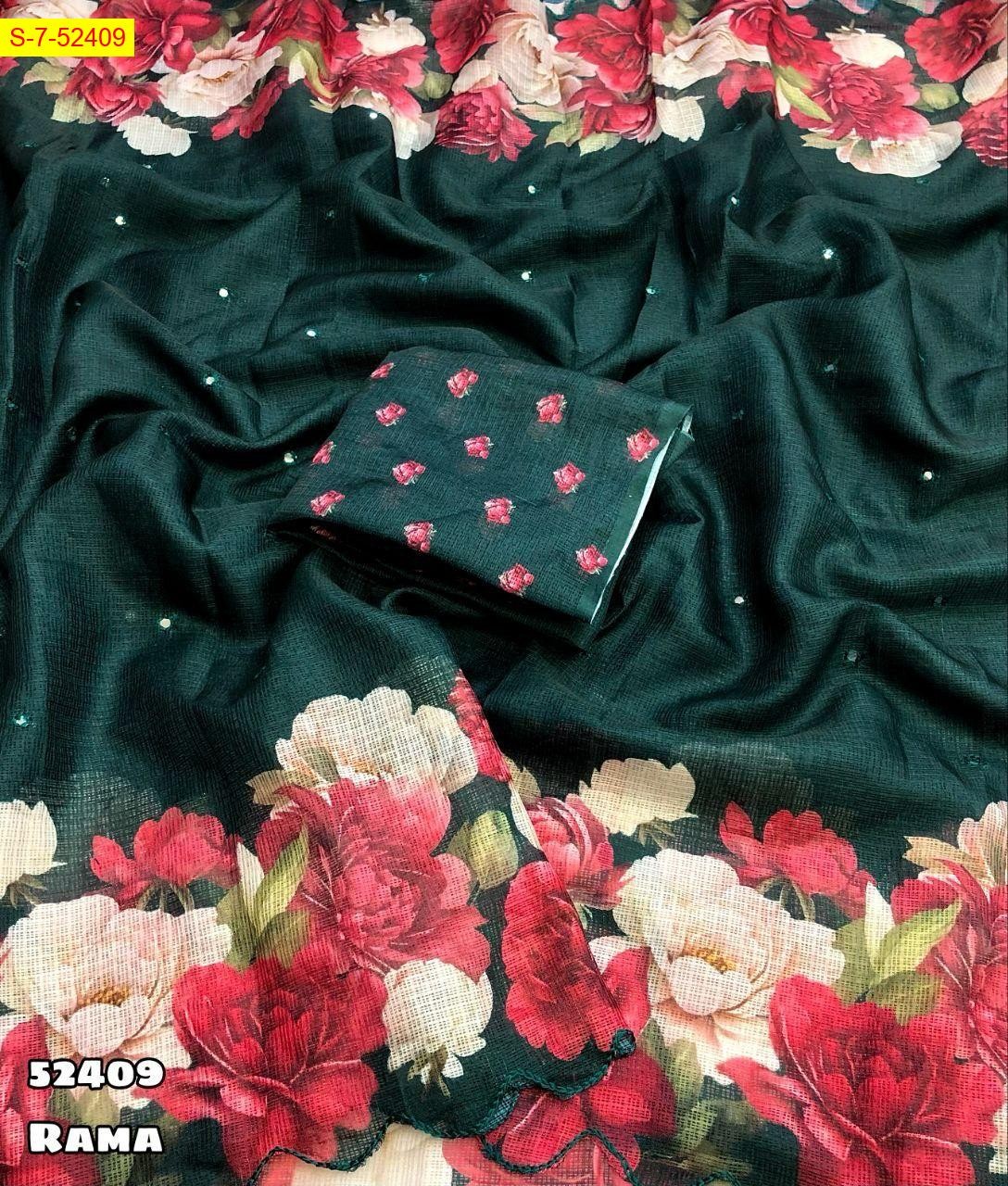 Rama Green Kota chex floral digital printed saree