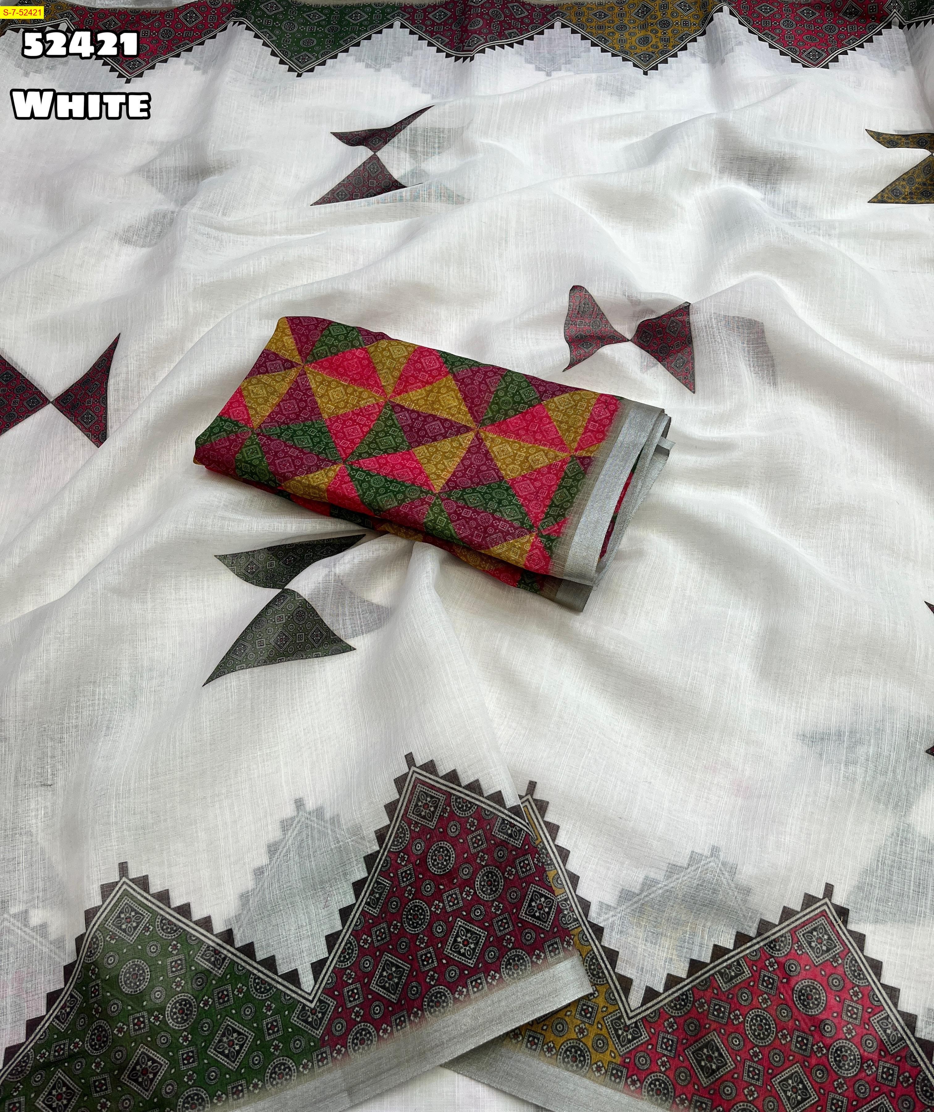White Linen geometric printed sarees 