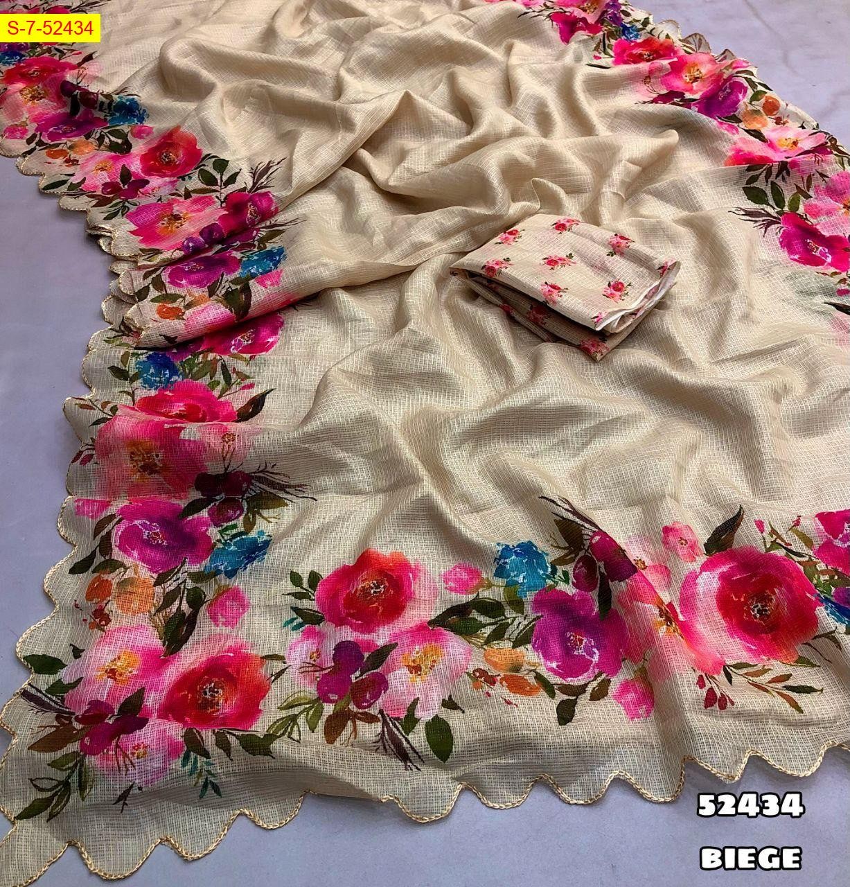Biege Soft kota checks light weight sarees