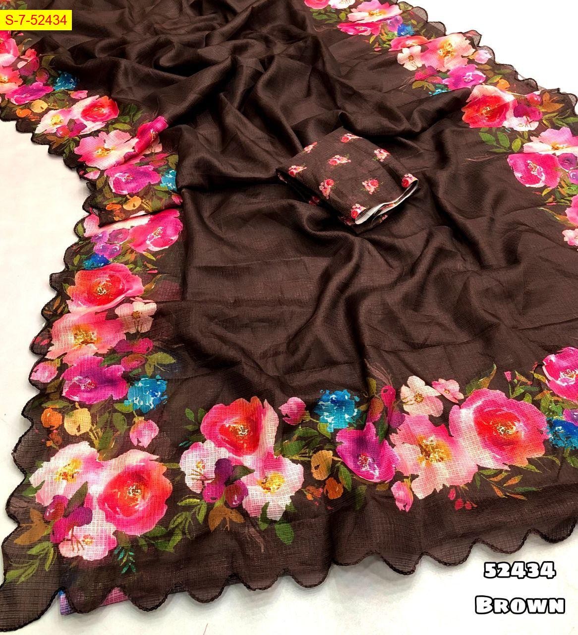 Brown Soft kota checks light weight sarees