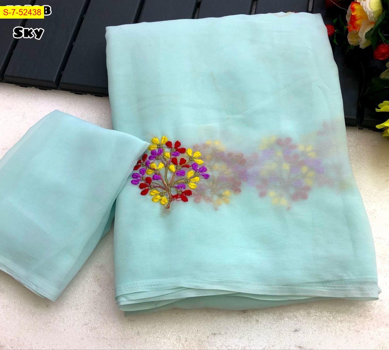 Sky Blue Georgette embroidery sarees