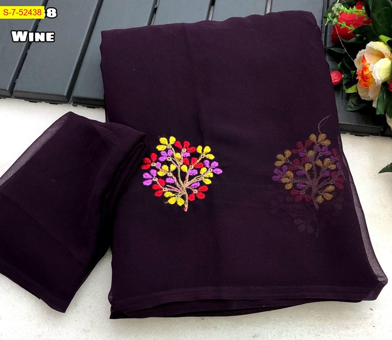 Wine Georgette embroidery sarees