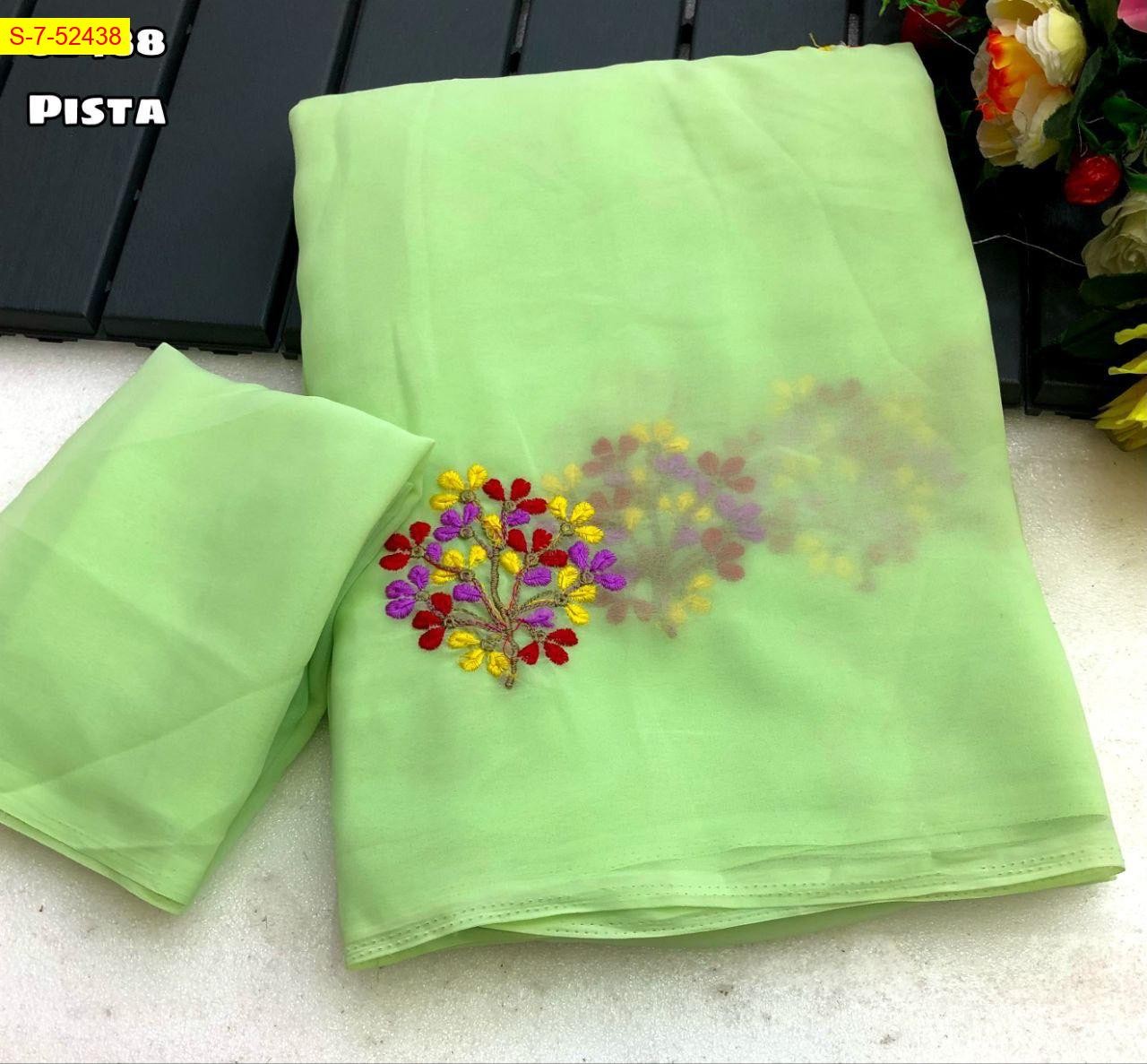 Pista Georgette embroidery sarees