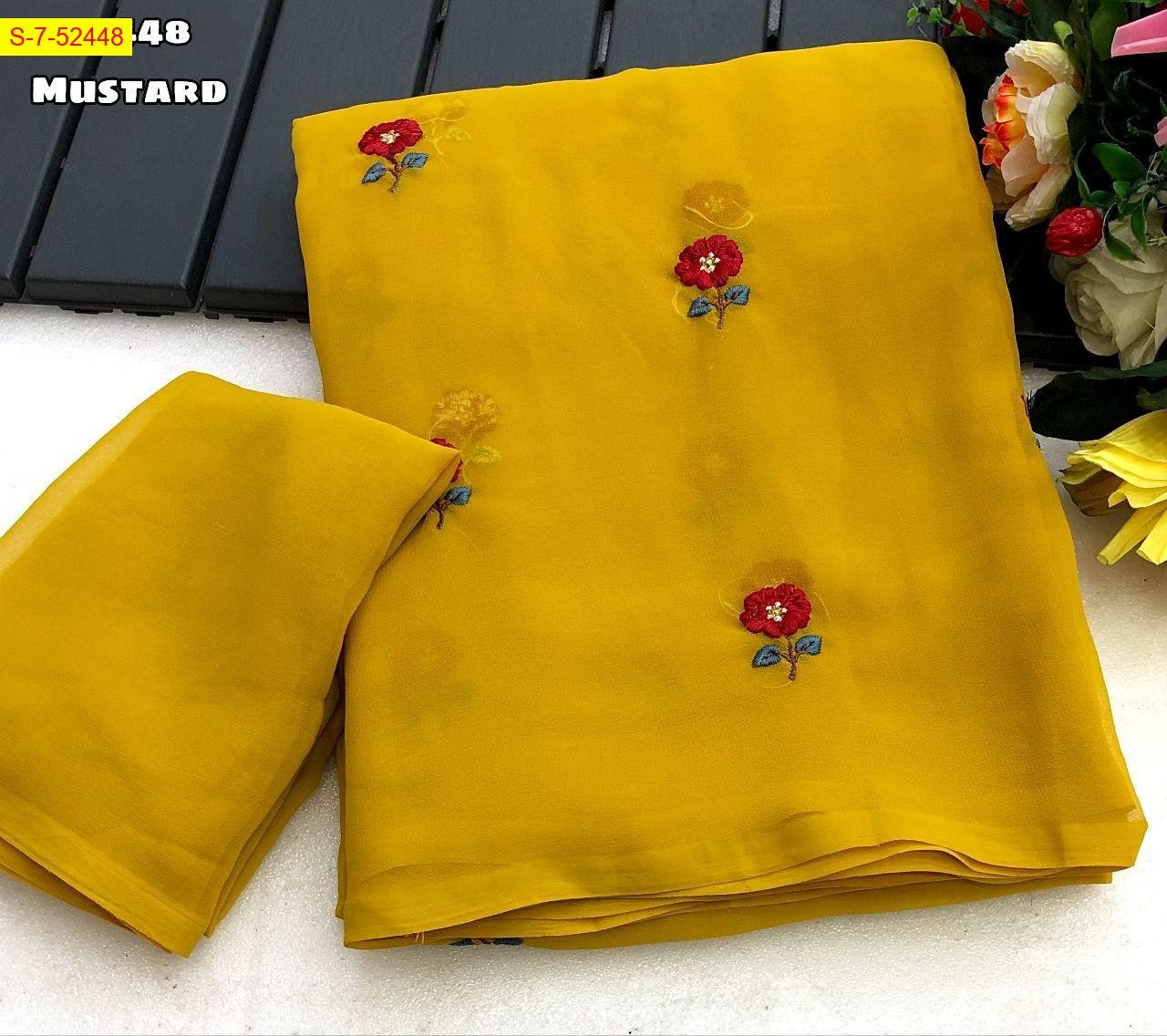 Mustrad yellow Fancy georgette floral embroidery sarees