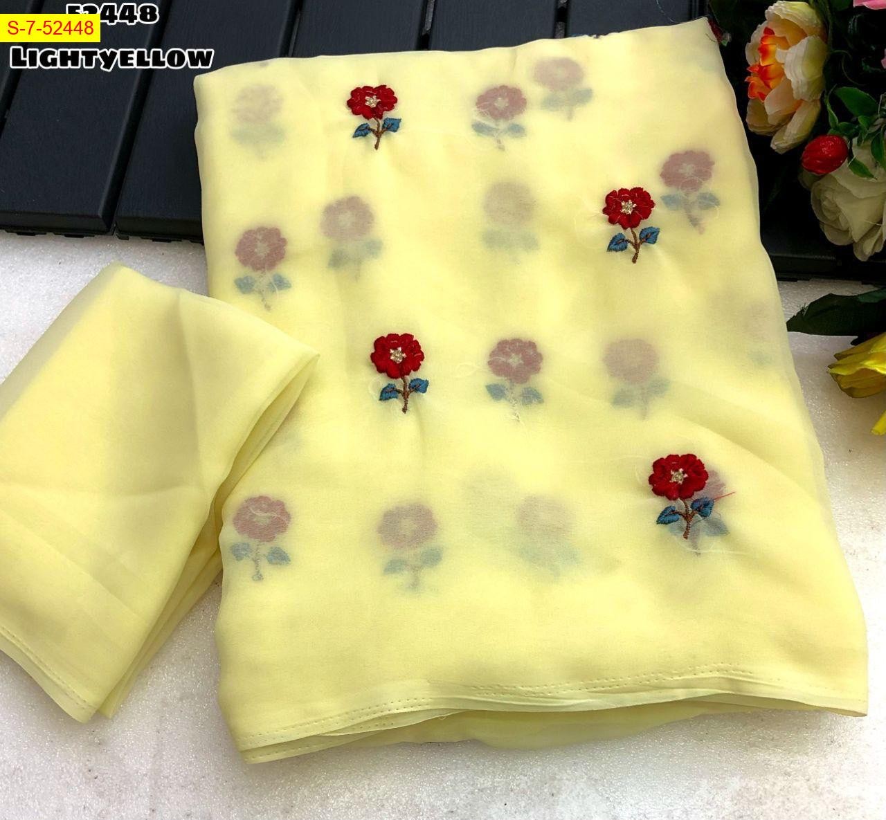 Yellow Fancy georgette floral embroidery sarees