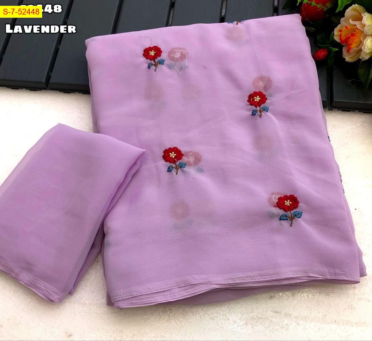 Purple Fancy georgette floral embroidery sarees
