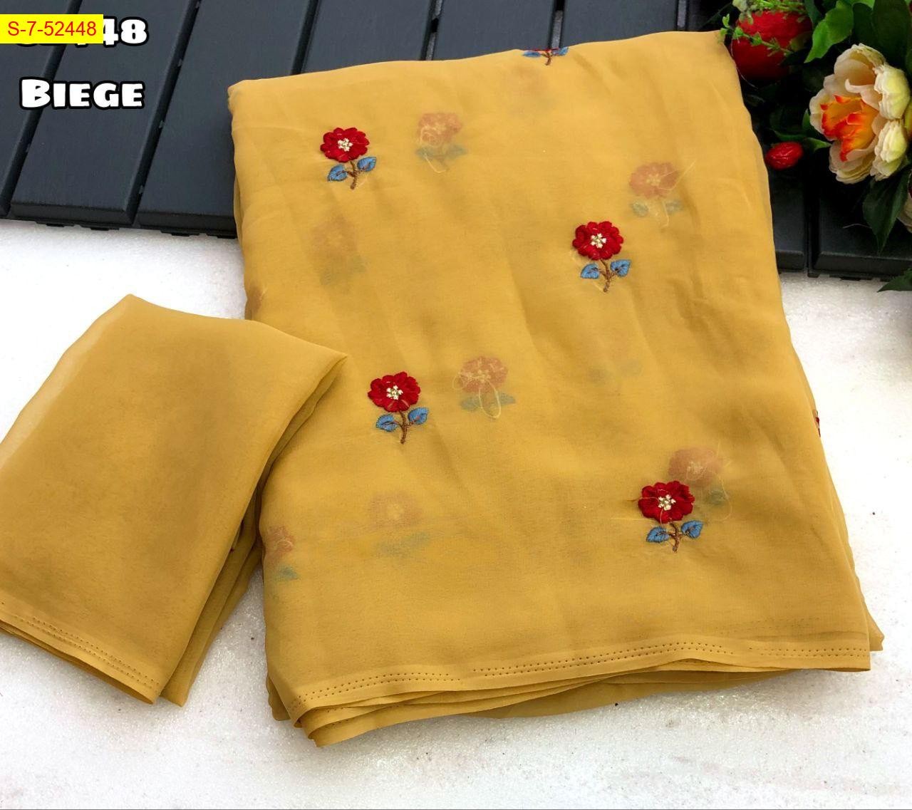 Beige Fancy georgette floral embroidery sarees