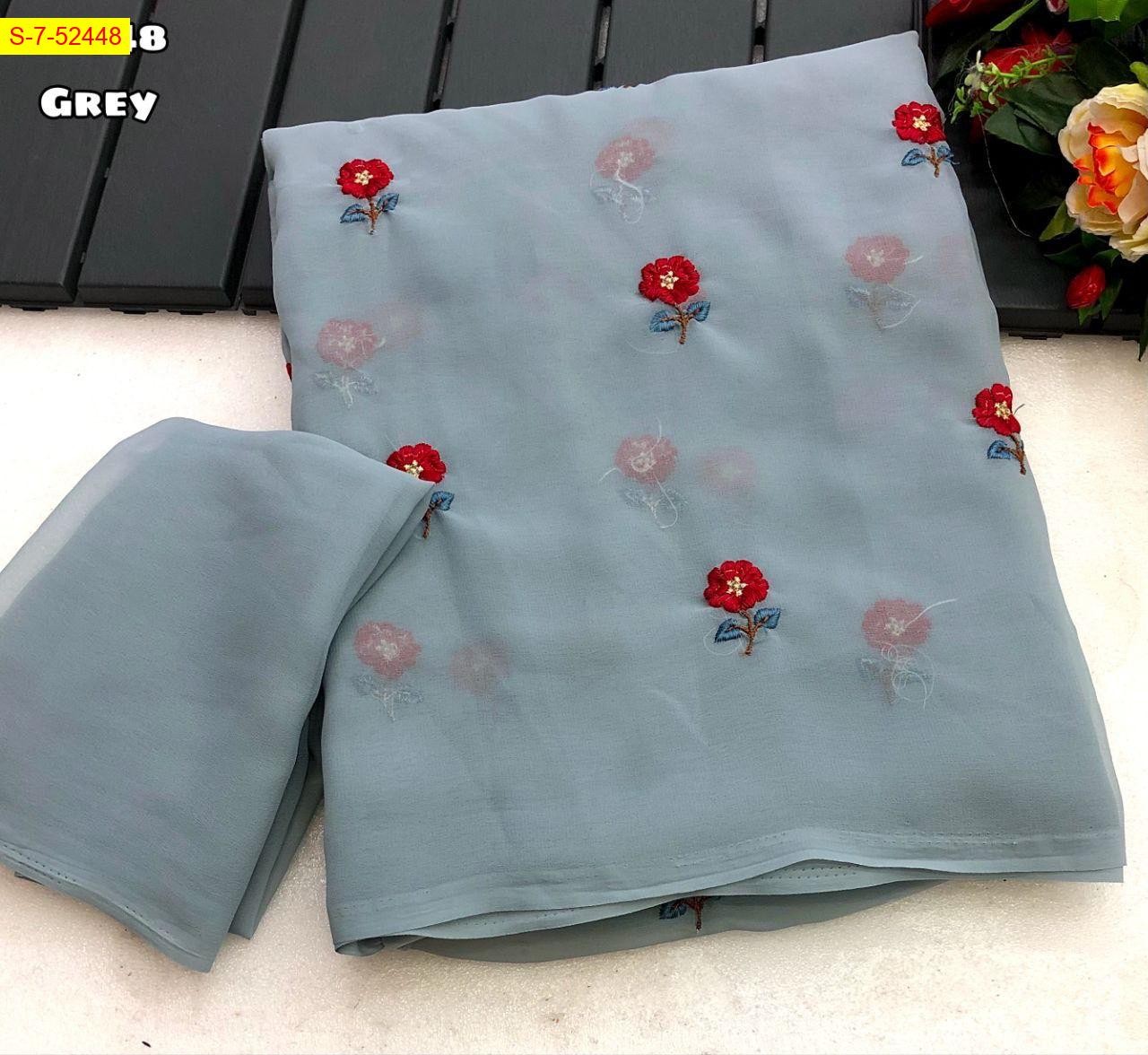 Grey Fancy georgette floral embroidery sarees