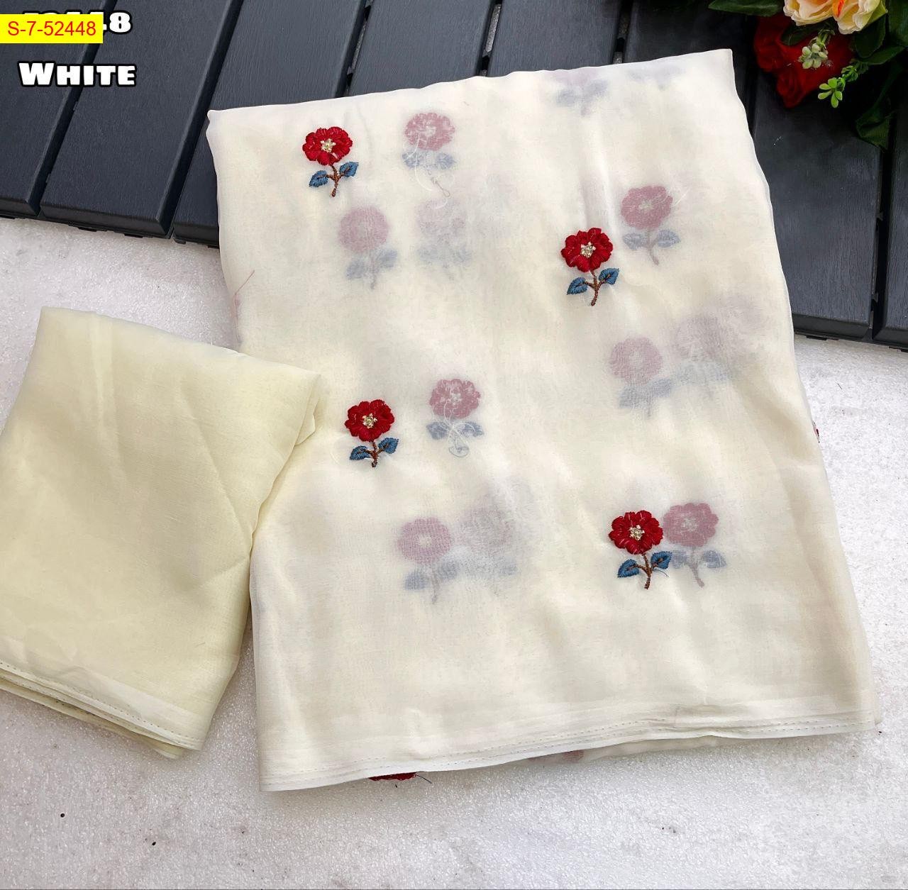 White Fancy georgette floral embroidery sarees