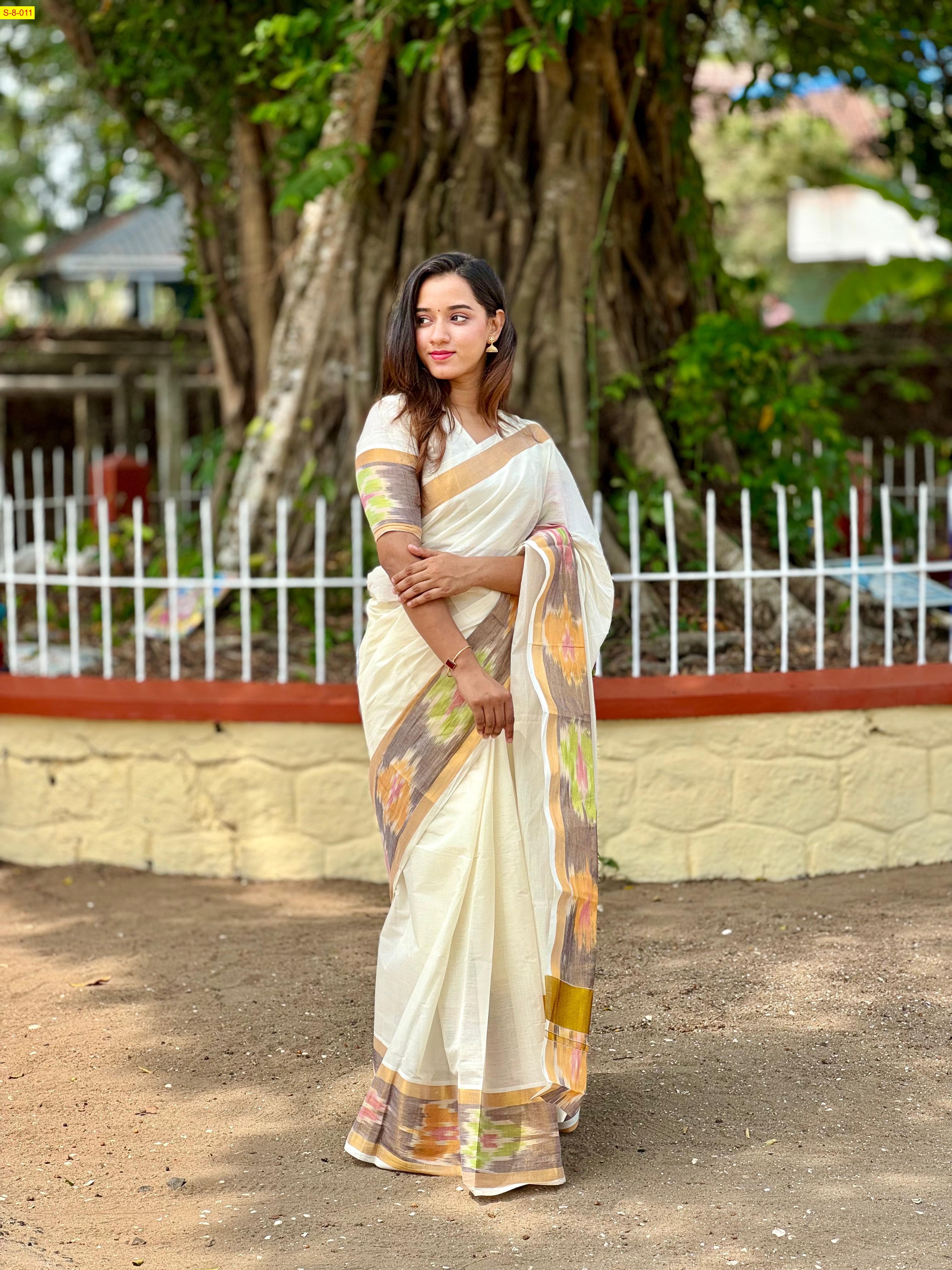 Half White Pochampally kerala saree