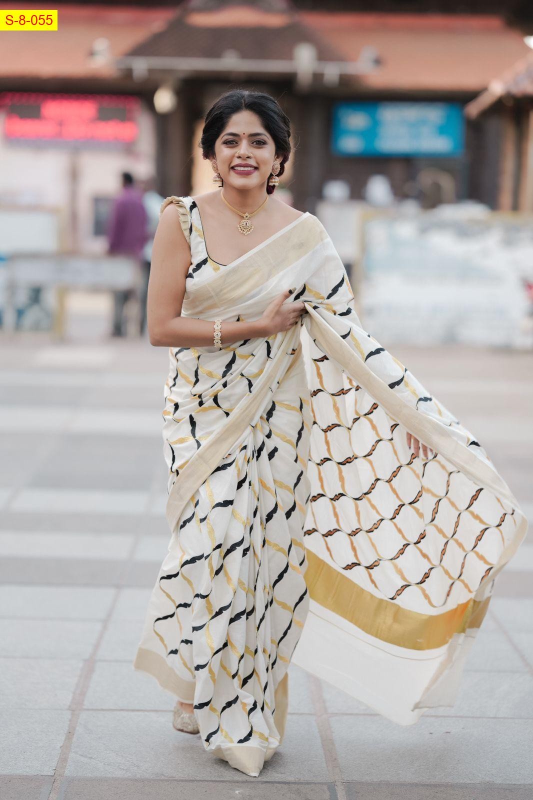 White Kerala kasavu cotton black chain saree