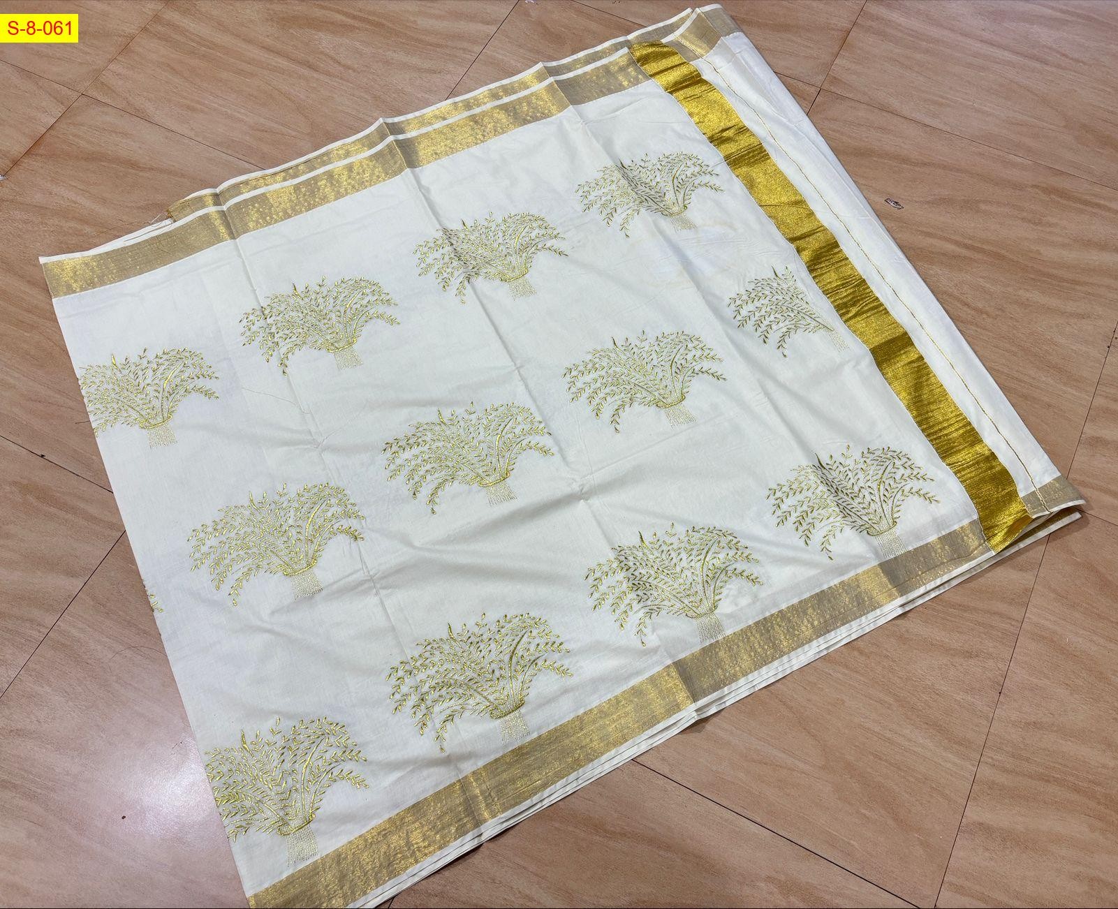 Half White Nelkathir embroiderd cotton saree