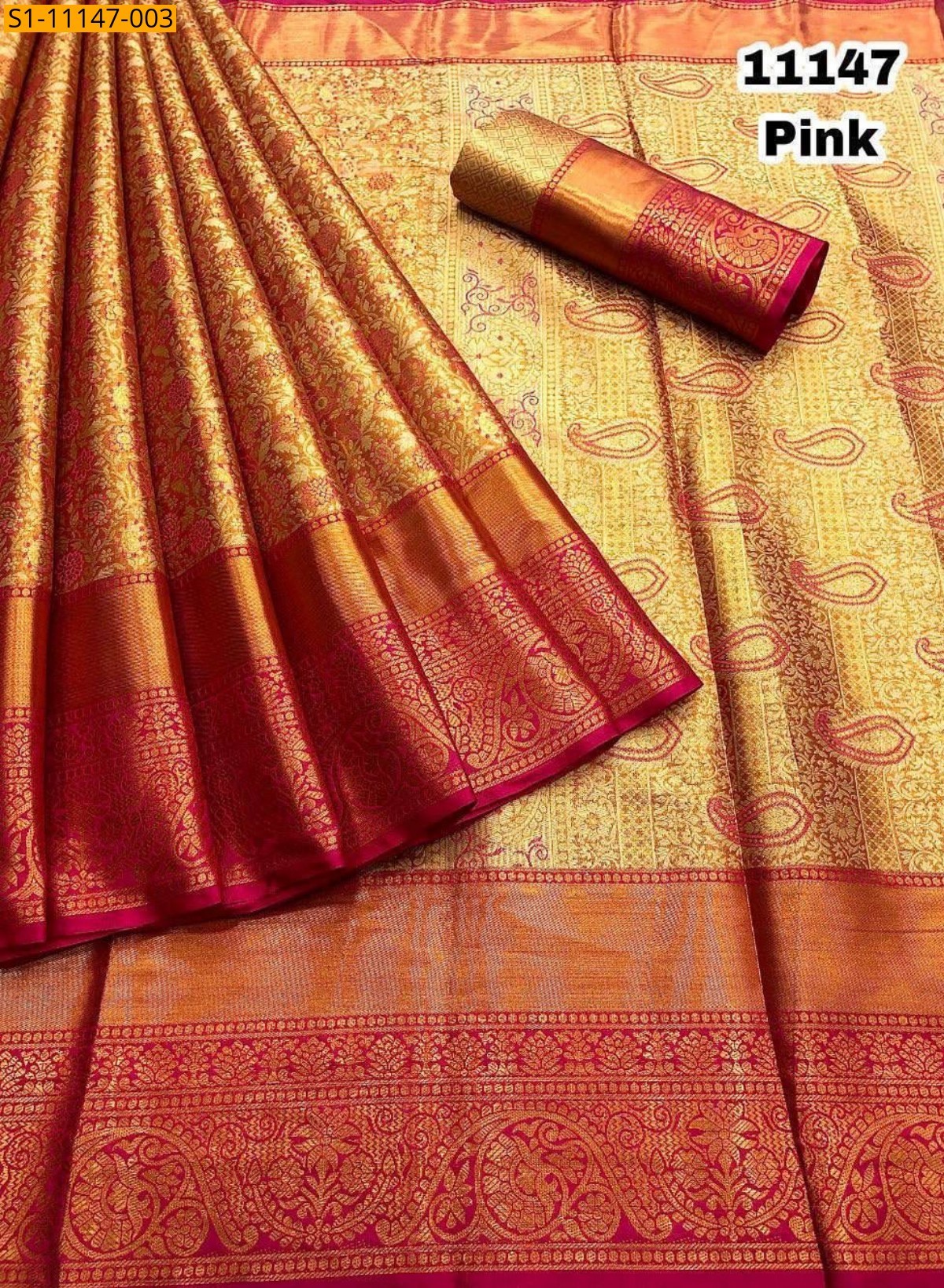 Pink Kanjivaram silk zari weaved saree