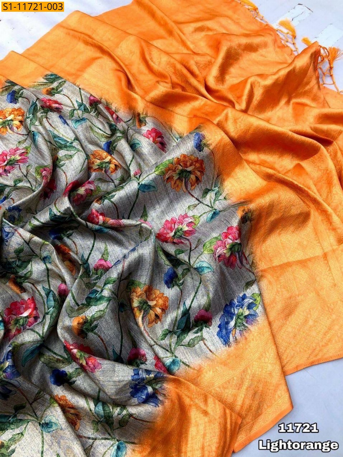 Light Orange Fancy soft silk digital print saree