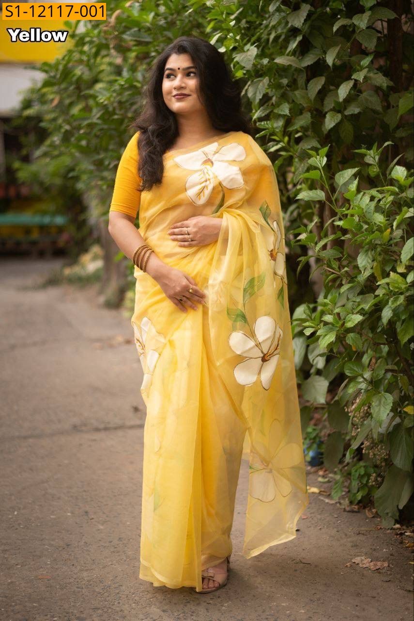 Yellow Organza hand painted brush printed saree