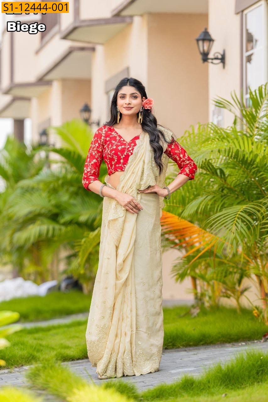 Beige Organza gold sarees
