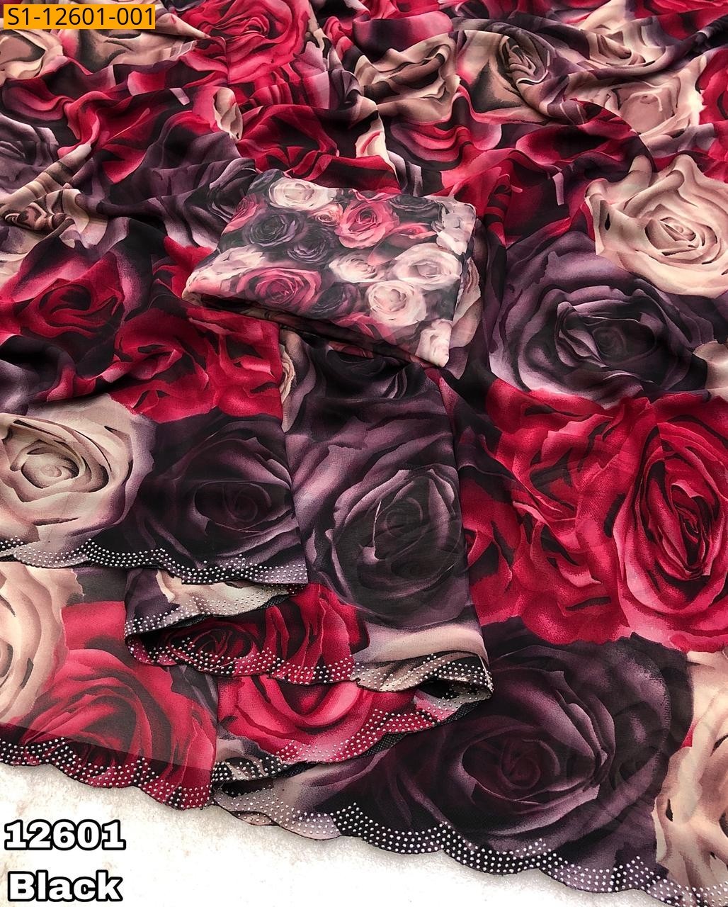 Black Fancy Chiffon floral printed Saree