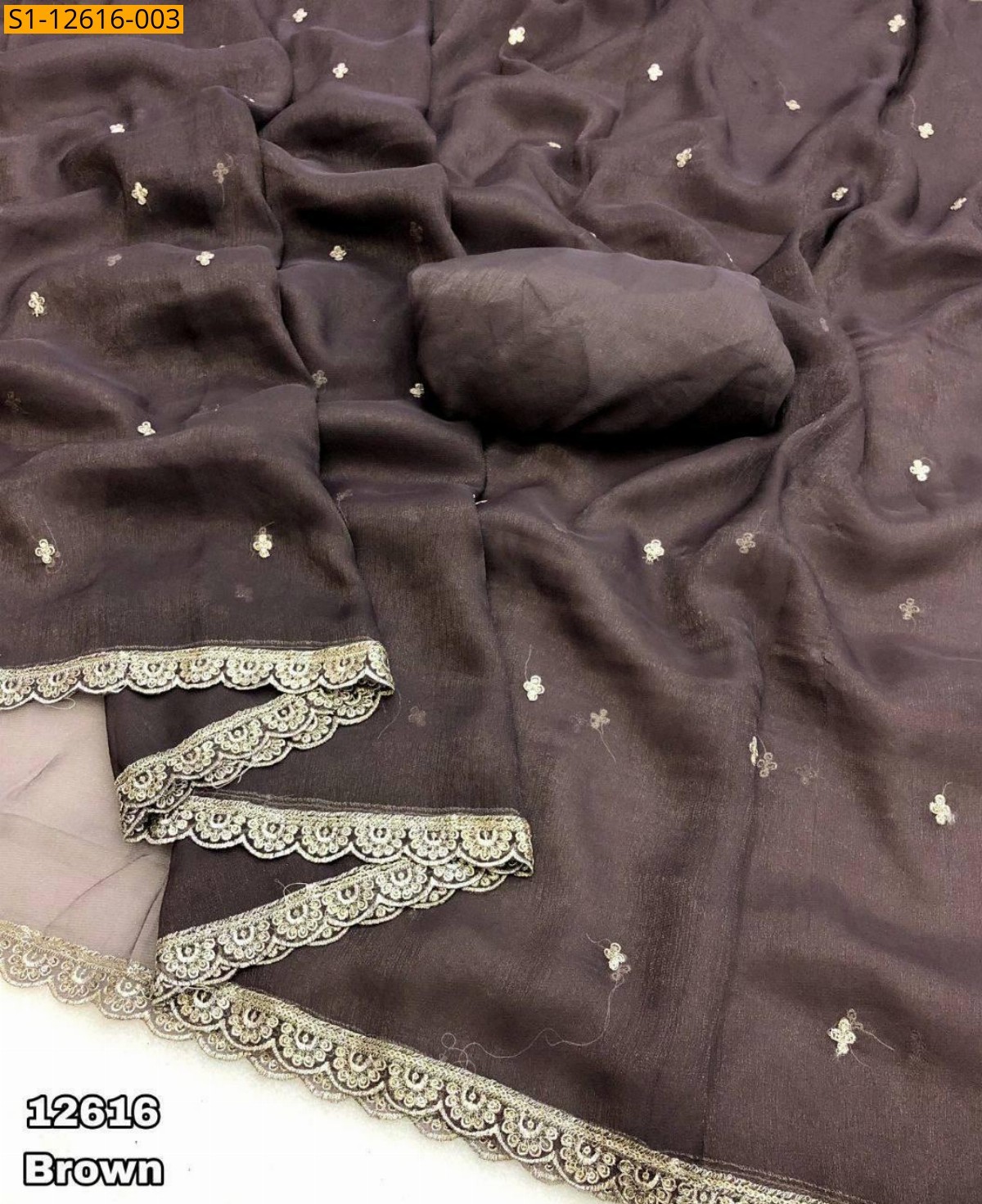 Brown Gold zari shining chiffon sarees
