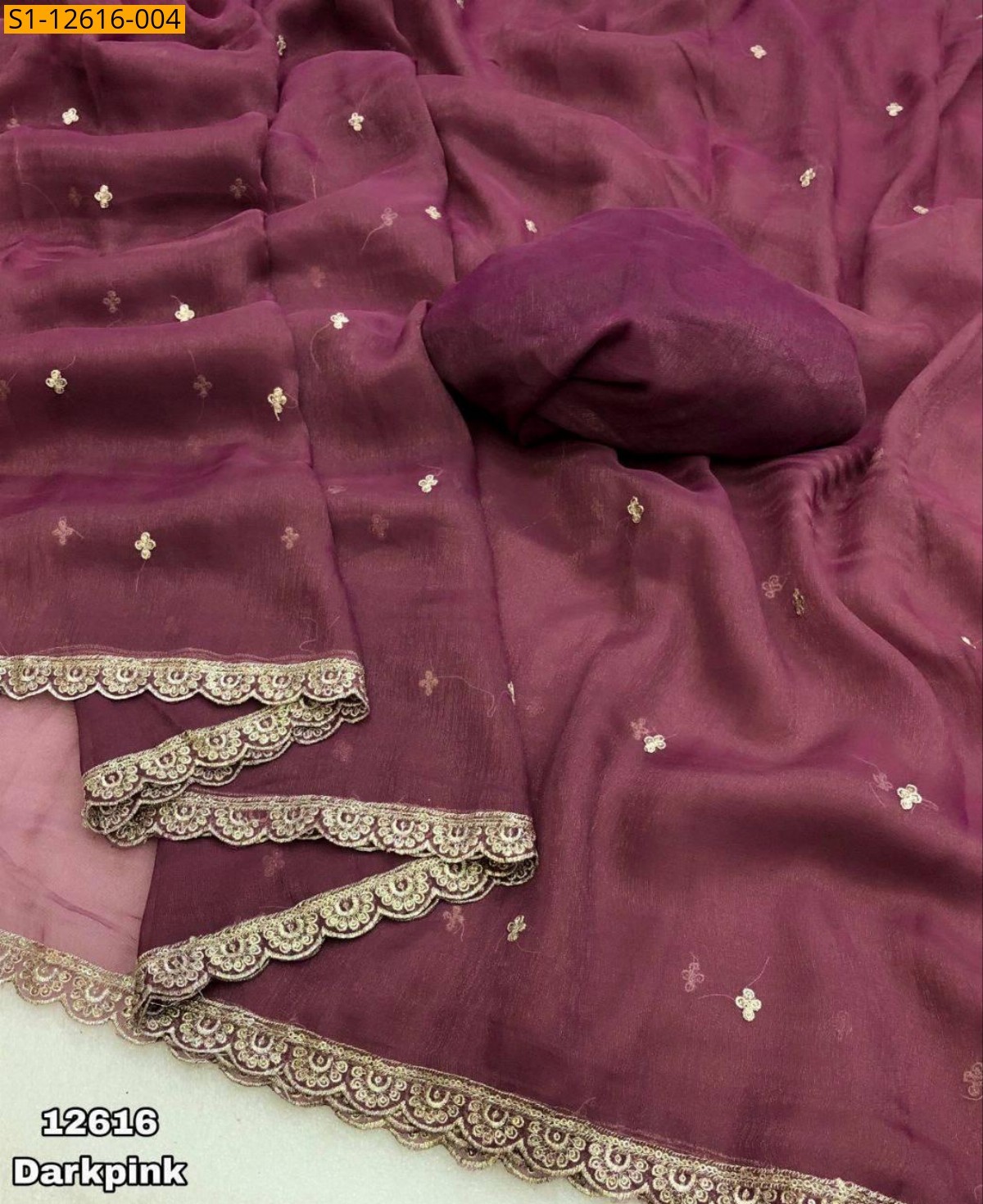 Dark Pink Gold zari shining chiffon sarees