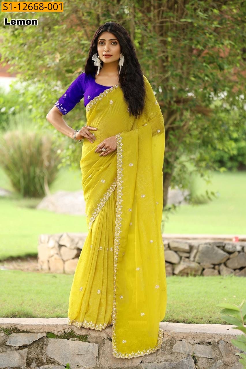 Yellow Fancy Crunchy chiffon crush silk saree